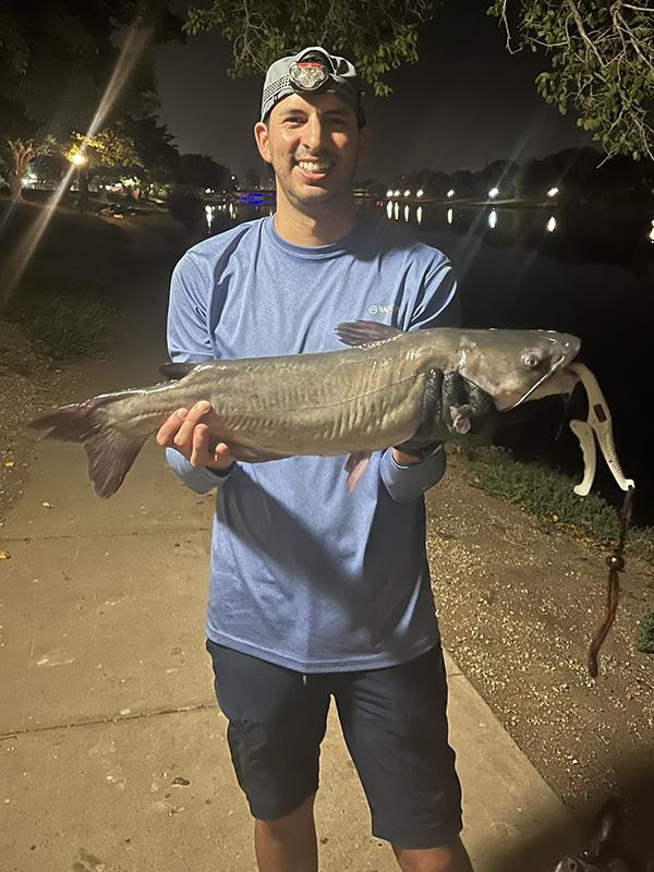 Orlando Reyna caught his personal-best catfish fishing on the bottom with shrimp on a Carolina rig on Sept. 16, 2026 at Bataan Lake in Carlsbad.