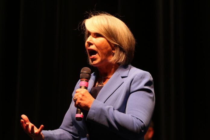 New Mexico Gov. Michelle Lujan Grisham speaks at a town hall meeting in Española.